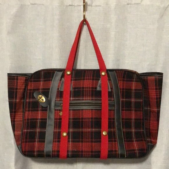 Vintage Tote-Red & Black Plaid-Fabric/PVC-Open Top-Large size - Picture 3 of 17